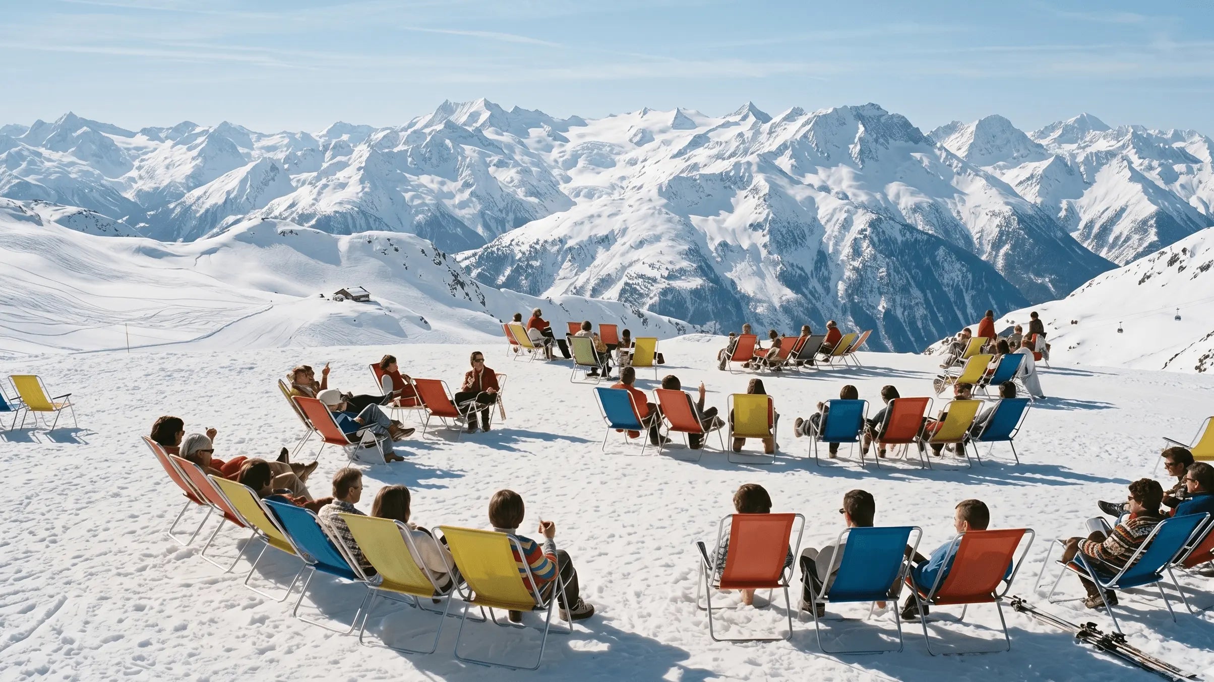 People sitting in colorful chairs on a snowy mountain slope
