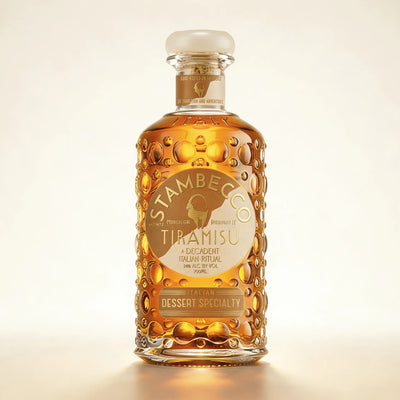A bottle of Stambecco Tiramisu Liqueur on a light background
